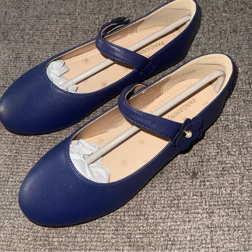 NEW Pandaninja Girls Mary Jane Flats Blue Flower Strap Big Kids Size 2 - Picture 2 of 6